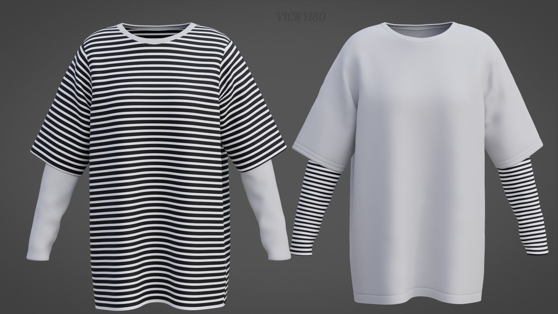 Punk Oversized Stripes Shirt - Harajuku Long Sleeves T-shirt  3D model_5