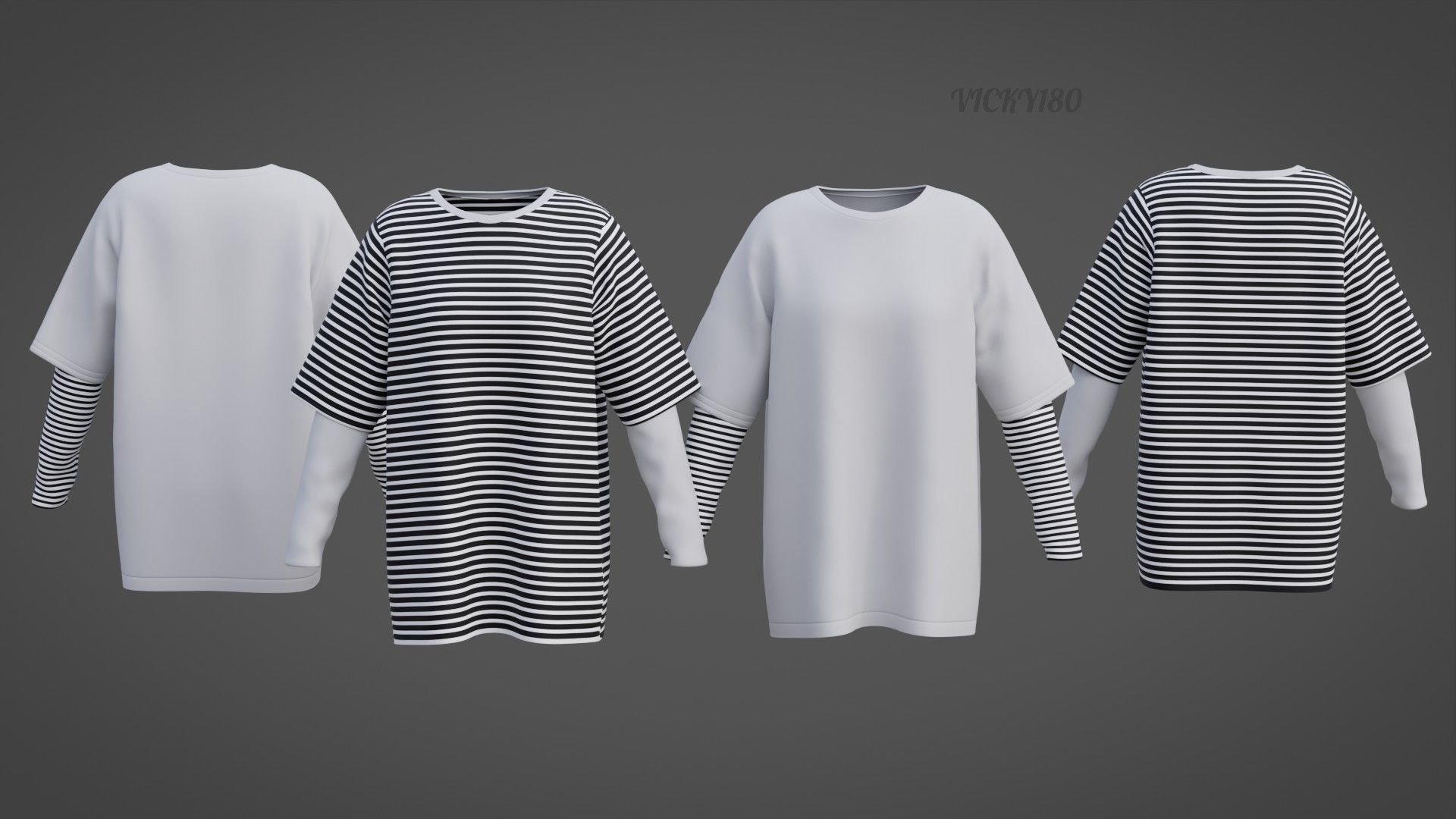 Punk Oversized Stripes Shirt - Harajuku Long Sleeves T-shirt  3D model_3