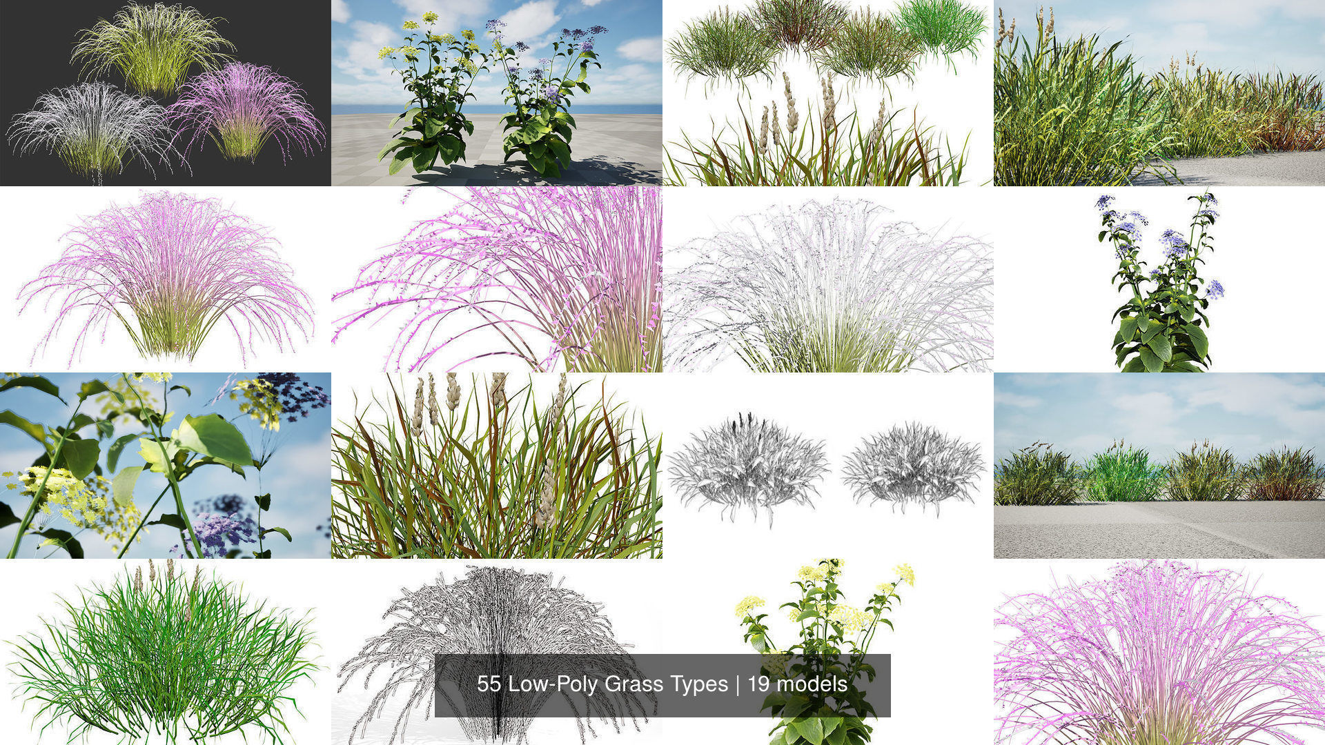 55 Low-Poly Grass Types 3D Model Collection_10