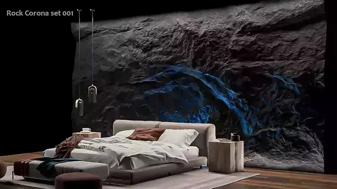 Black Rock Bedroom interior scene Rock Wall Set 001