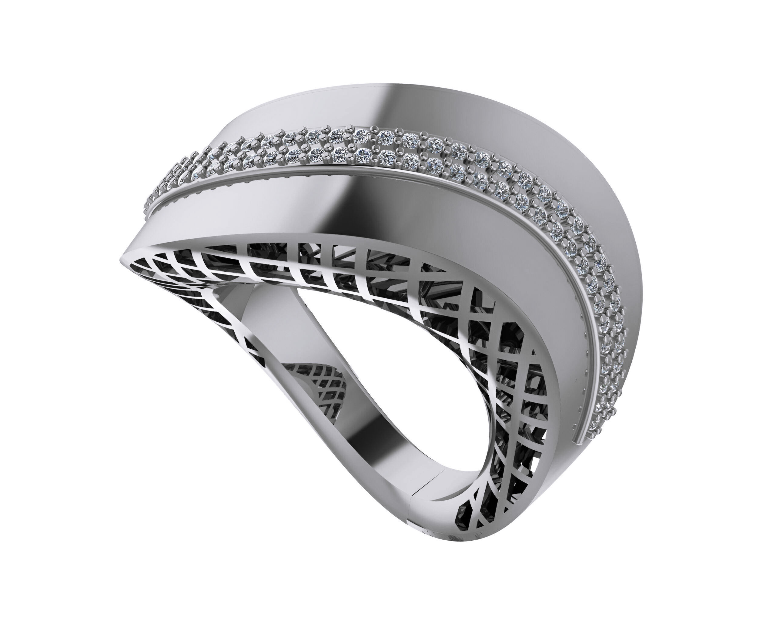 Diamond Line Wire Mesh High Jewelry Italian Cocktail Ring 3D print model_1