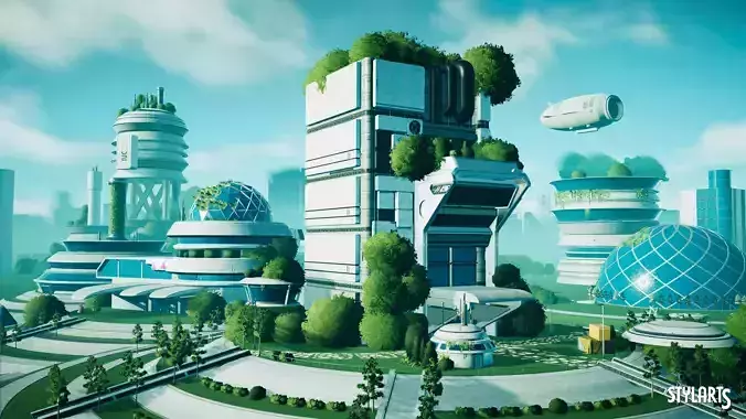Stylized Solarpunk City Low-poly 3D model