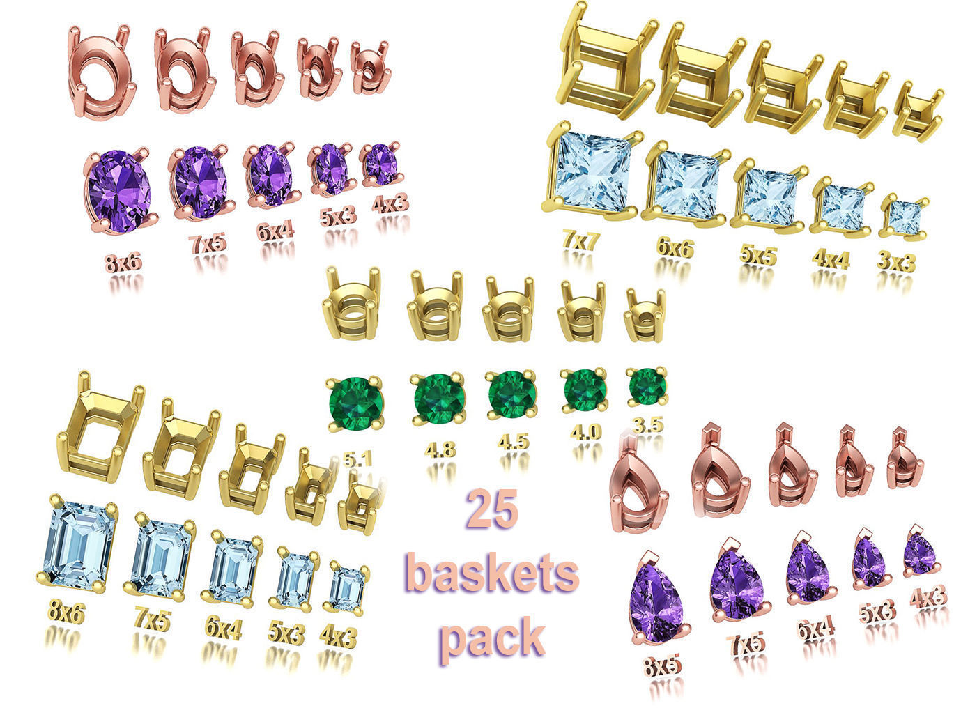 25 jewelry baskets findings pack 5 gem shape and size 3D Model Collection_0