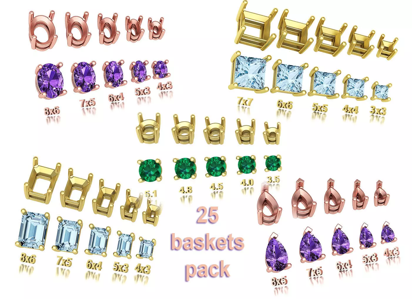 25 jewelry baskets findings pack 5 gem shape and size 3D Model Collection_0