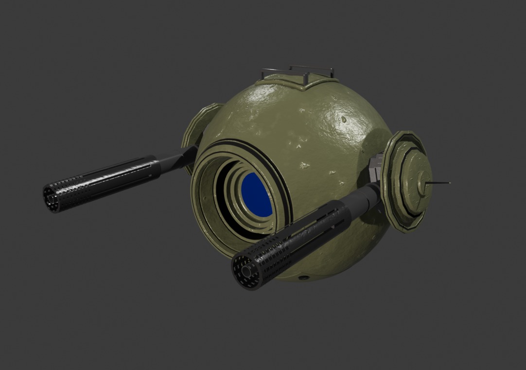 Aged Green Robot Sphere with Blue Light and Functional Details 3D model_9