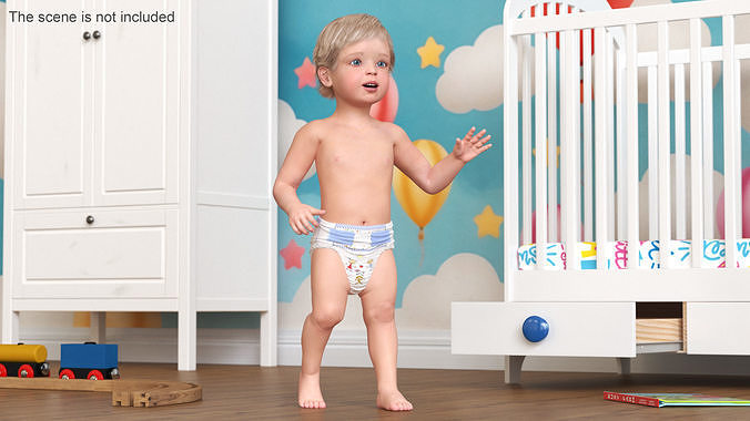 Boy Aged 1 Year in Diaper Rigged 3D model