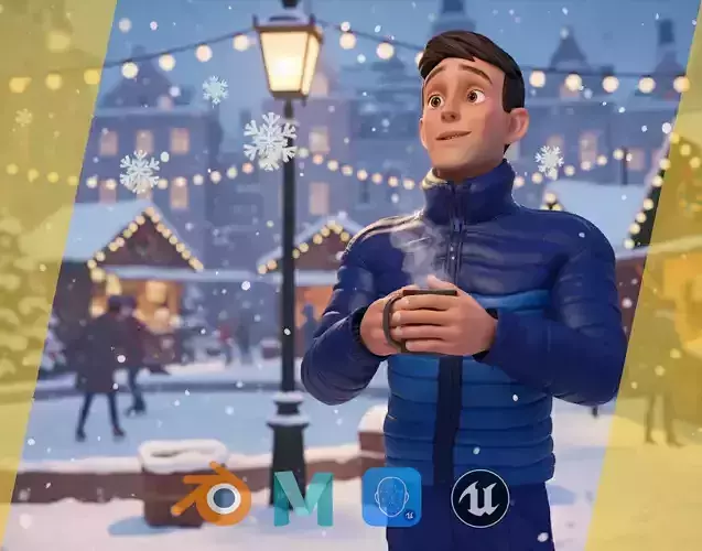 Cartoon in winter clothes gesturing stylized character