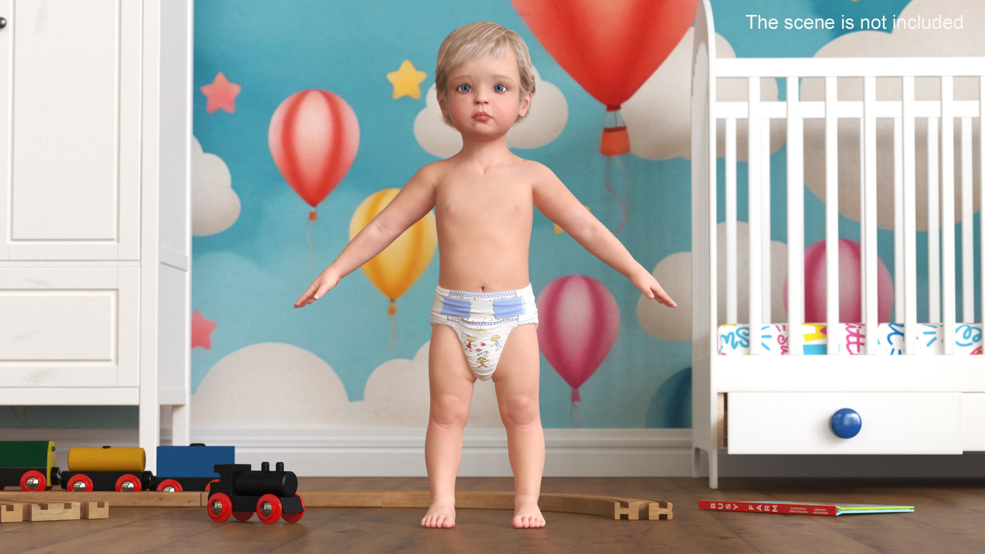 Boy Aged 1 Year in Diaper A-Pose 3D model