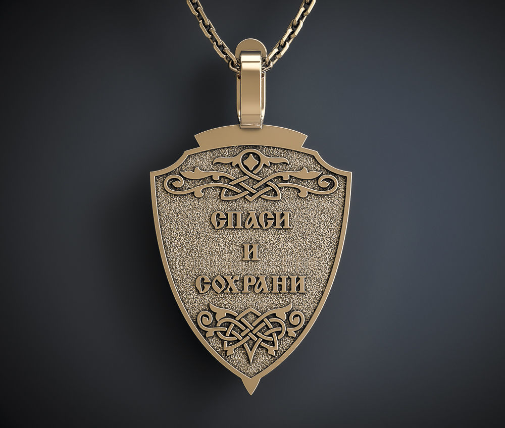 A PENDANT IN THE SHAPE OF A SHIELD WITH IMAGES OF SAINTS 3D print model_2