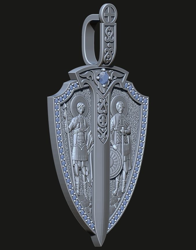 A PENDANT IN THE SHAPE OF A SHIELD WITH IMAGES OF SAINTS 3D print model_8