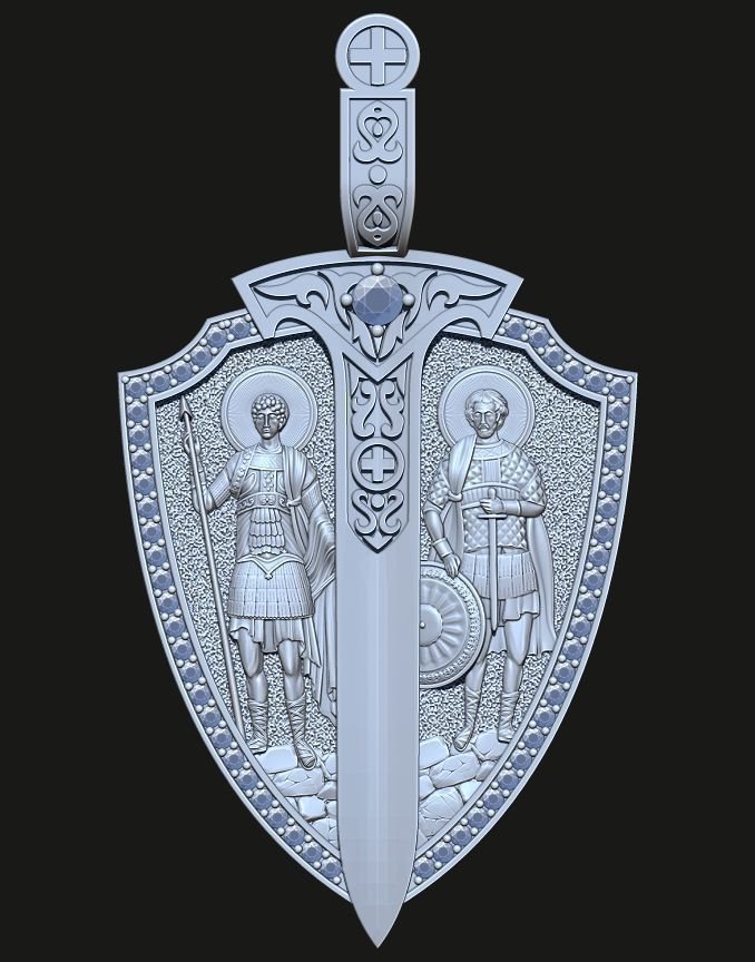 A PENDANT IN THE SHAPE OF A SHIELD WITH IMAGES OF SAINTS 3D print model_7