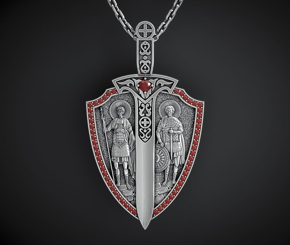 A PENDANT IN THE SHAPE OF A SHIELD WITH IMAGES OF SAINTS 3D print model_1