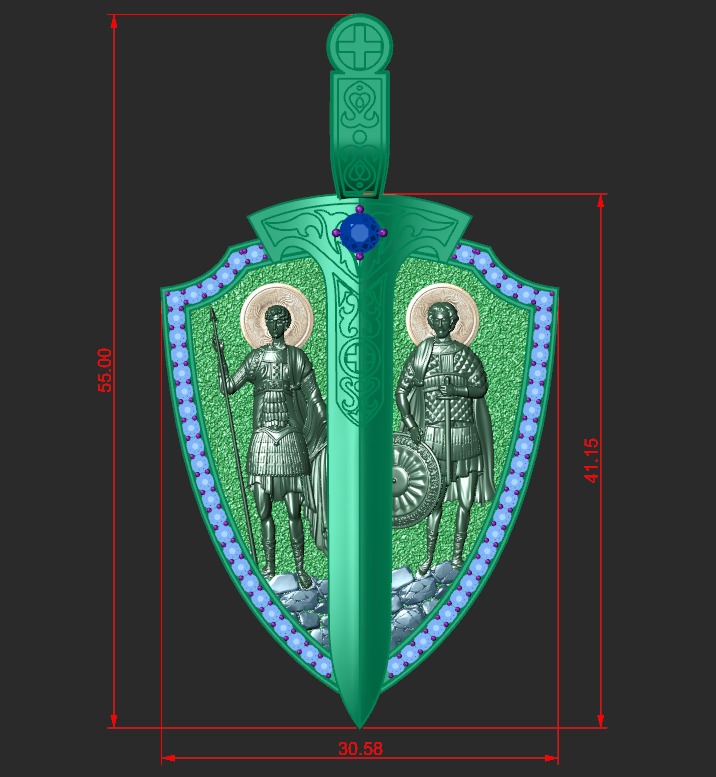 A PENDANT IN THE SHAPE OF A SHIELD WITH IMAGES OF SAINTS 3D print model_4