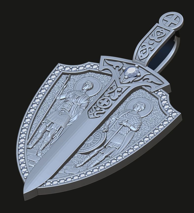 A PENDANT IN THE SHAPE OF A SHIELD WITH IMAGES OF SAINTS 3D print model_9