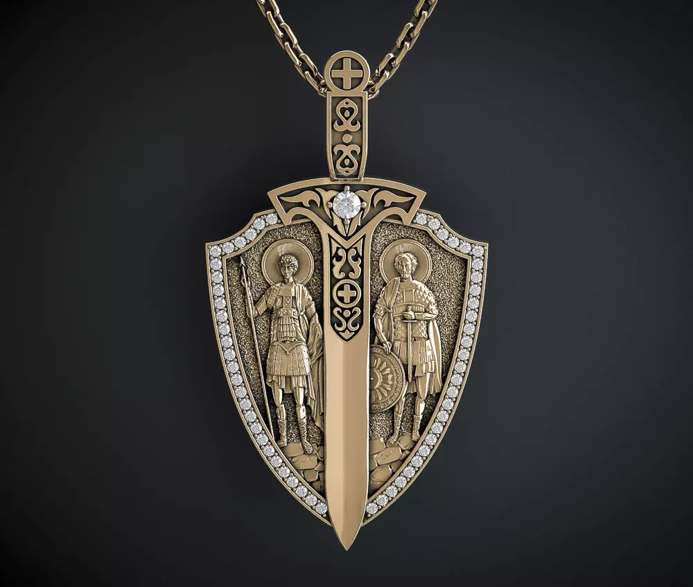 A PENDANT IN THE SHAPE OF A SHIELD WITH IMAGES OF SAINTS 3D print model_0