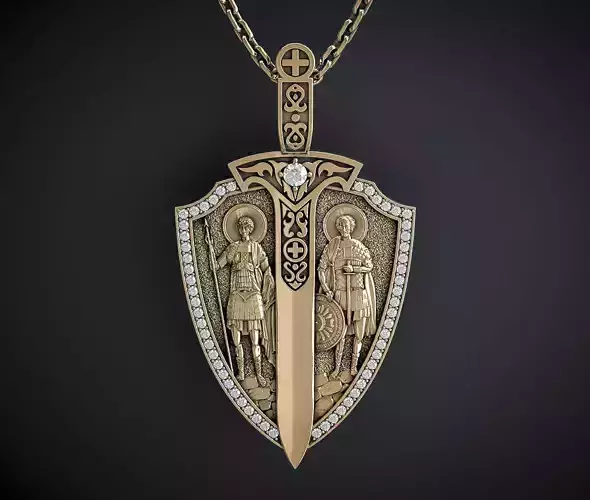 A PENDANT IN THE SHAPE OF A SHIELD WITH IMAGES OF SAINTS 3D print model