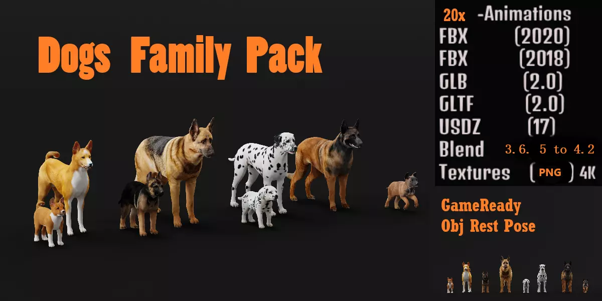 Dogs Family Assets Bundle  Low-poly 3D model_0