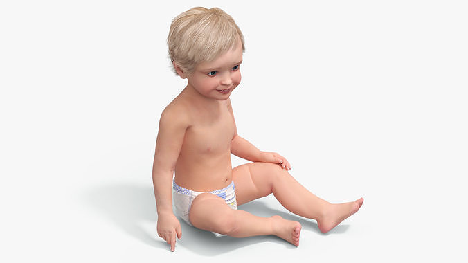 Boy Aged 1 Year in Diaper Sitting Pose 3D model 5