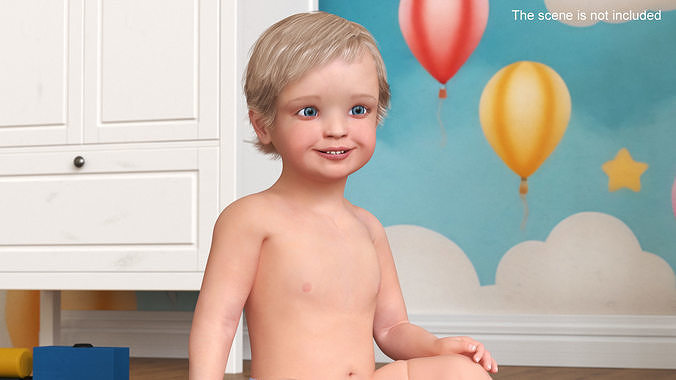 Boy Aged 1 Year in Diaper Sitting Pose 3D model 2
