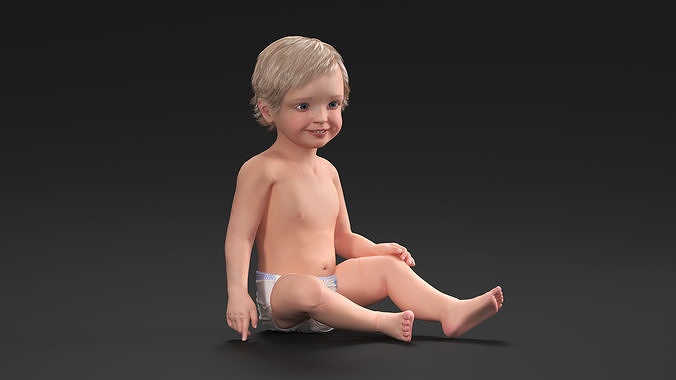 Boy Aged 1 Year in Diaper Sitting Pose 3D model 3