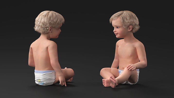 Boy Aged 1 Year in Diaper Sitting Pose 3D model 4