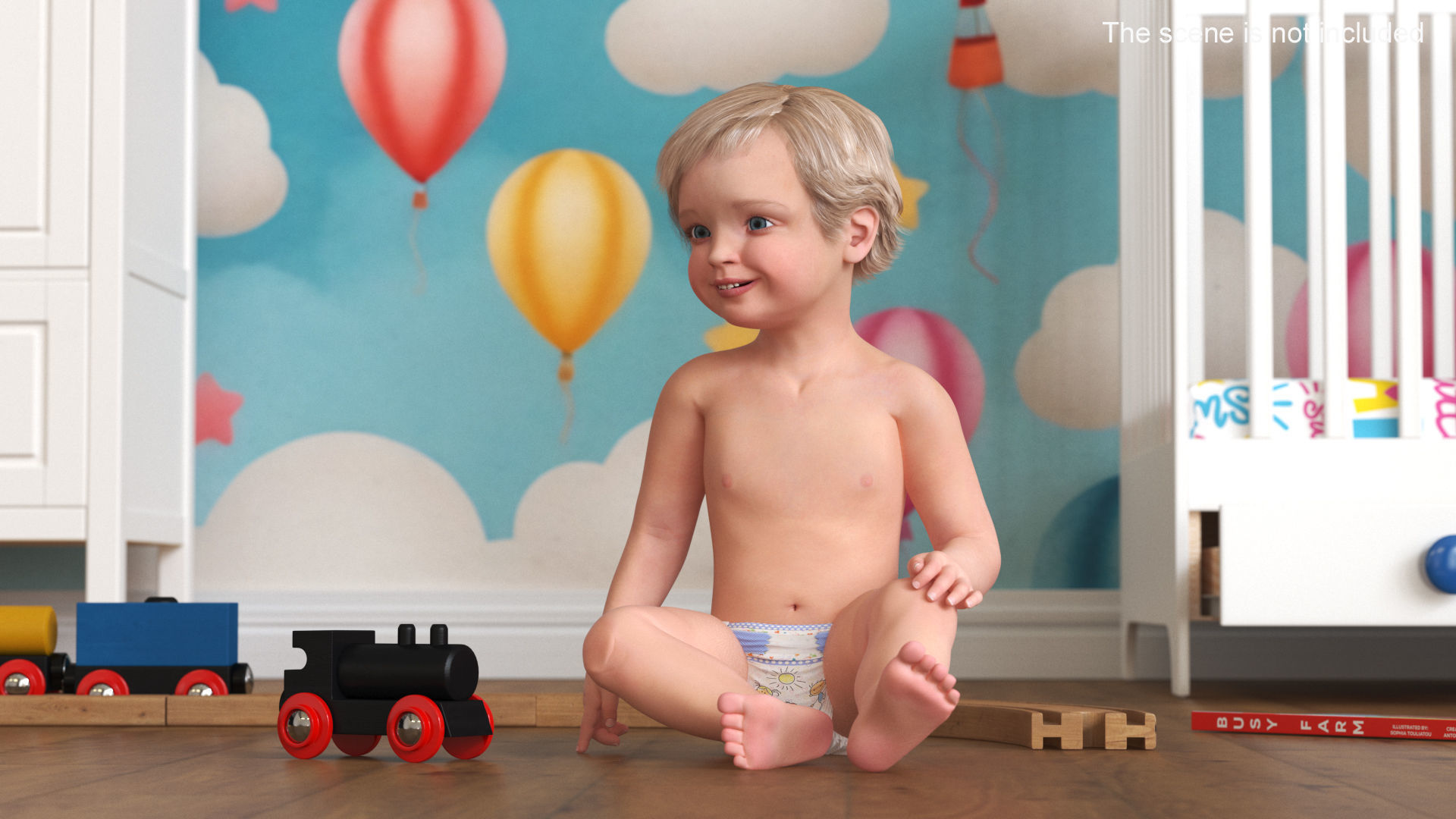 Boy Aged 1 Year in Diaper Sitting Pose 3D model