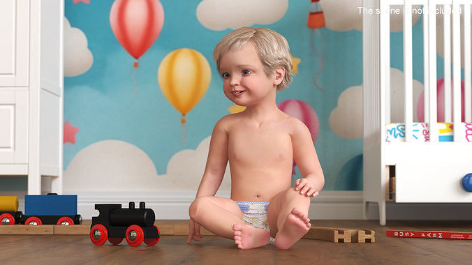 Boy Aged 1 Year in Diaper Sitting Pose 3D model