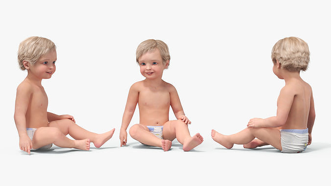 Boy Aged 1 Year in Diaper Sitting Pose 3D model 6