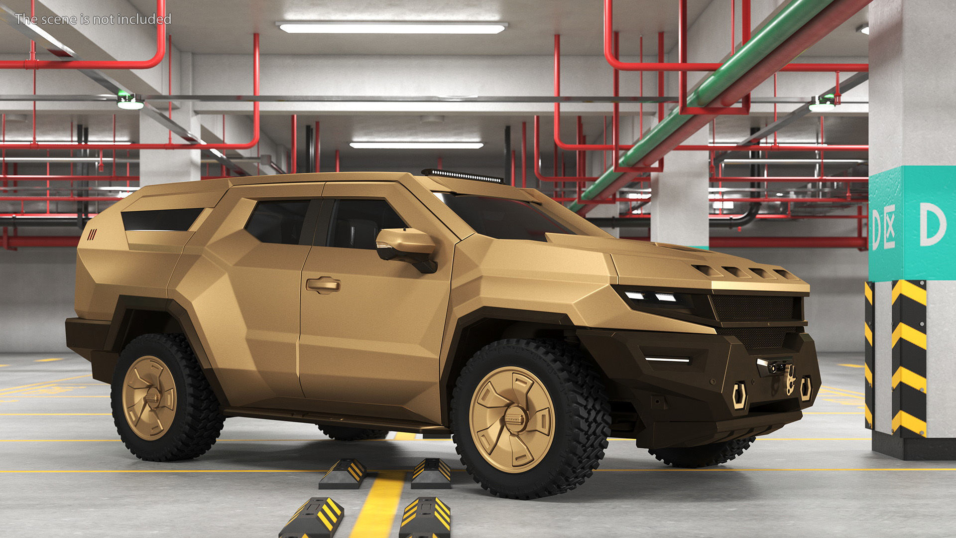 Armored Sand Colored SUV with Lights On Rigged 3D model