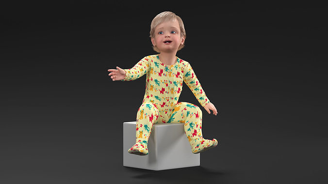 Toddler Aged 1 Year in Pajamas Sitting Pose 3D model 3