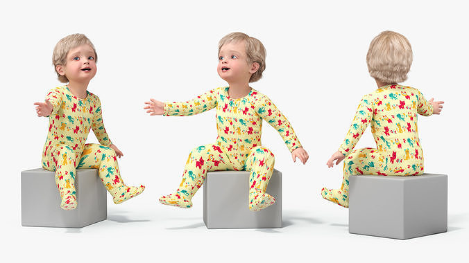 Toddler Aged 1 Year in Pajamas Sitting Pose 3D model 6