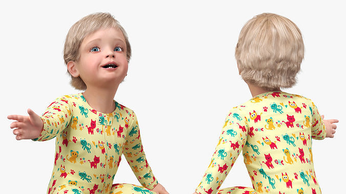 Toddler Aged 1 Year in Pajamas Sitting Pose 3D model 7