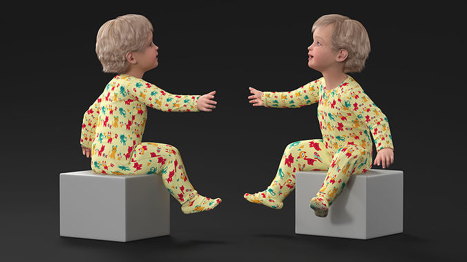 Toddler Aged 1 Year in Pajamas Sitting Pose 3D model 4