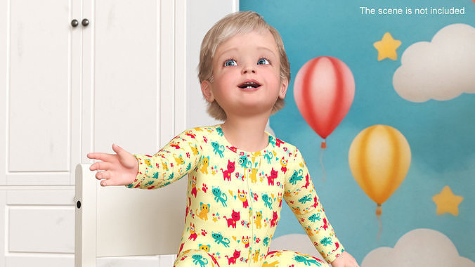 Toddler Aged 1 Year in Pajamas Sitting Pose 3D model 2