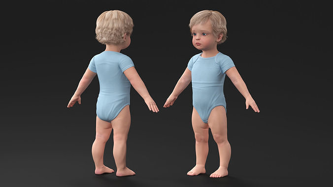 Boy Aged 1 Year in Bodysuit A-Pose 3D model 4
