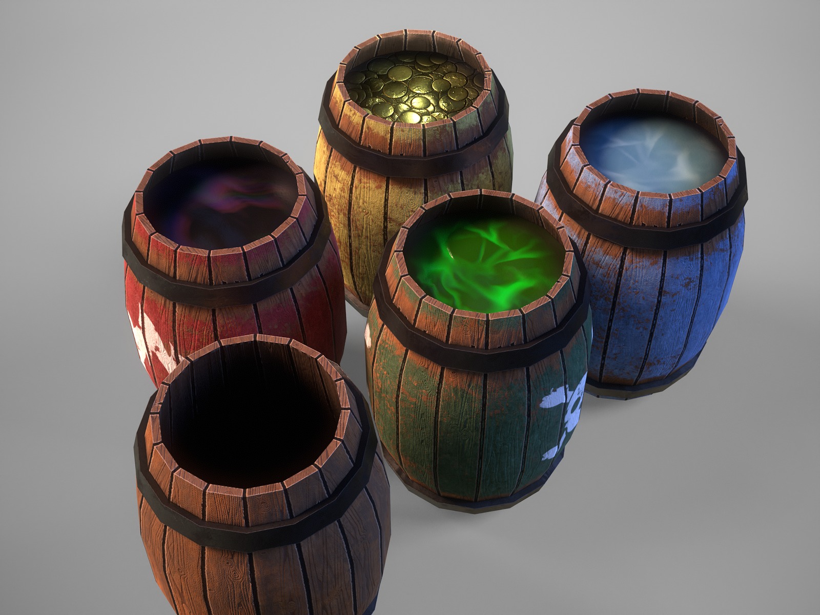 Interactive gameready barrels pack 3D Model Collection_3