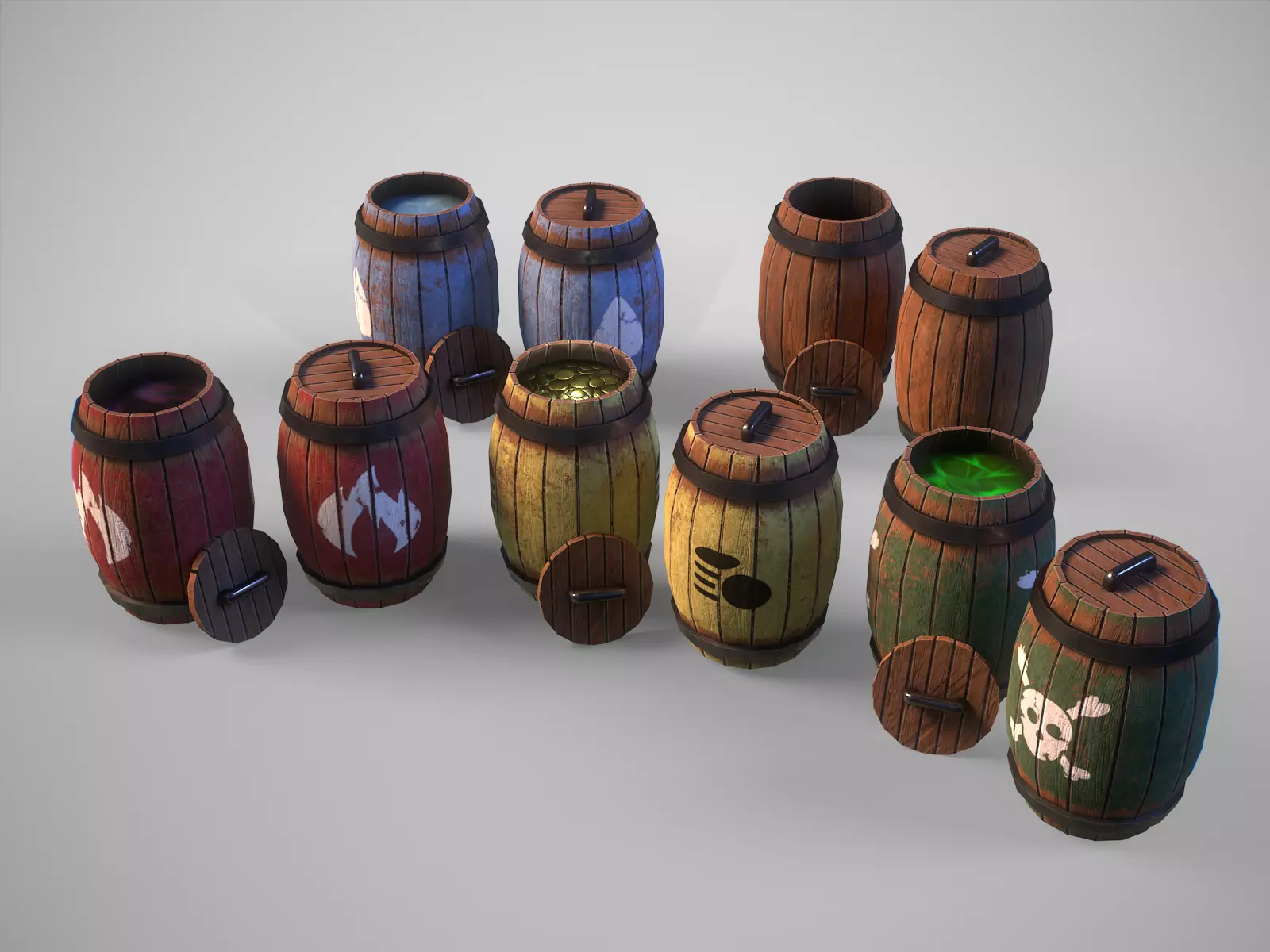 Interactive gameready barrels pack 3D Model Collection_0