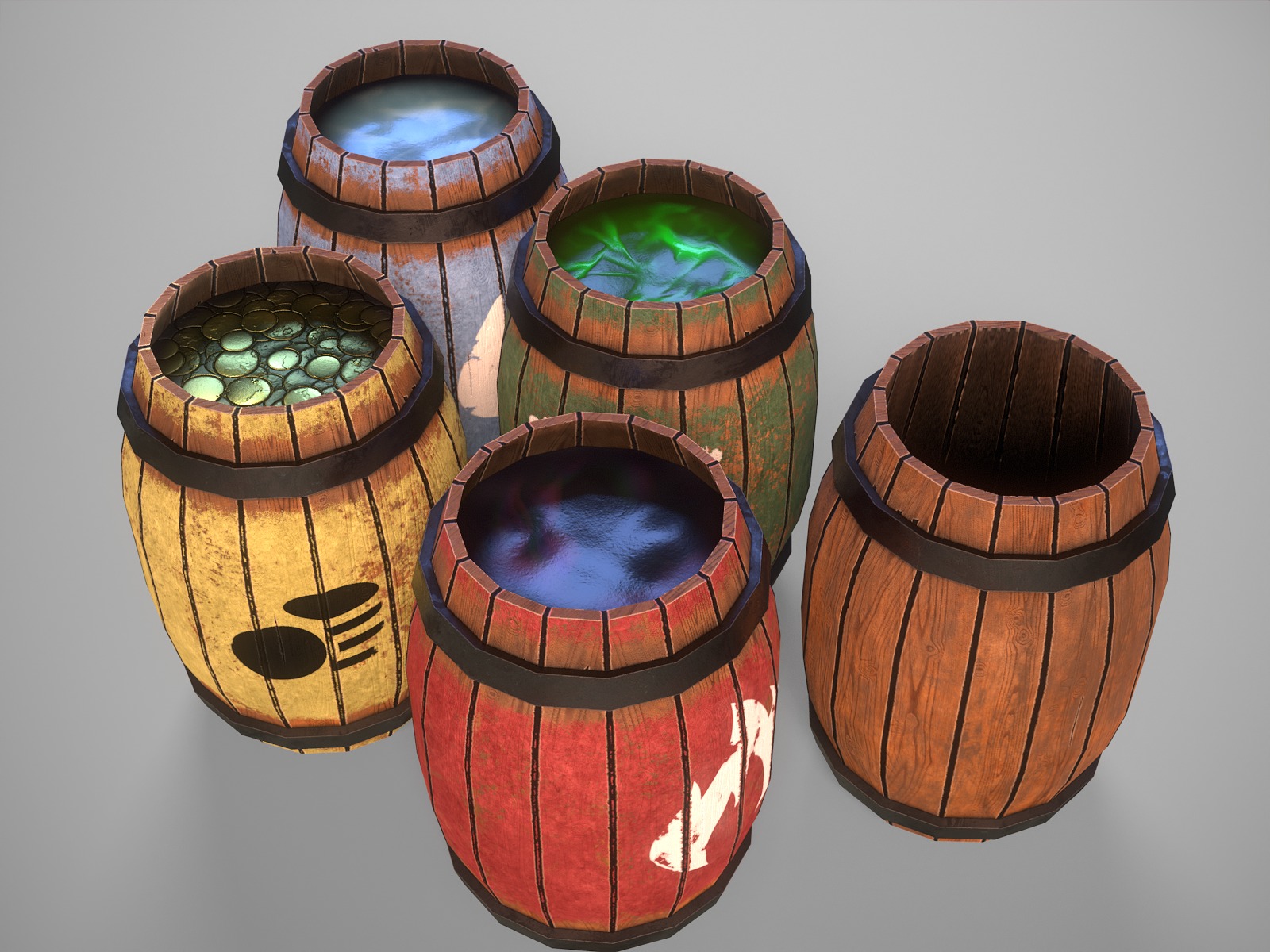 Interactive gameready barrels pack 3D Model Collection_1