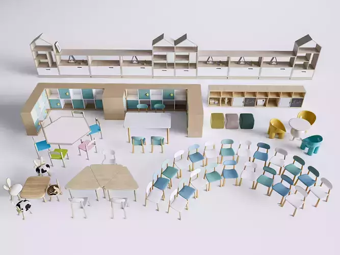 Children table and chairs 6 Low-poly 3D model