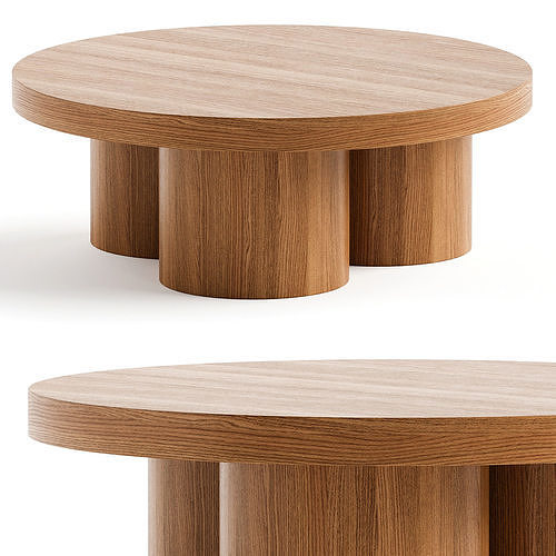 Brutalist Round Coffee Table in Red Oak Wood Veneer 3D model