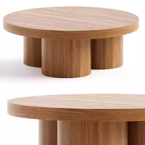 Brutalist Round Coffee Table in Red Oak Wood Veneer
