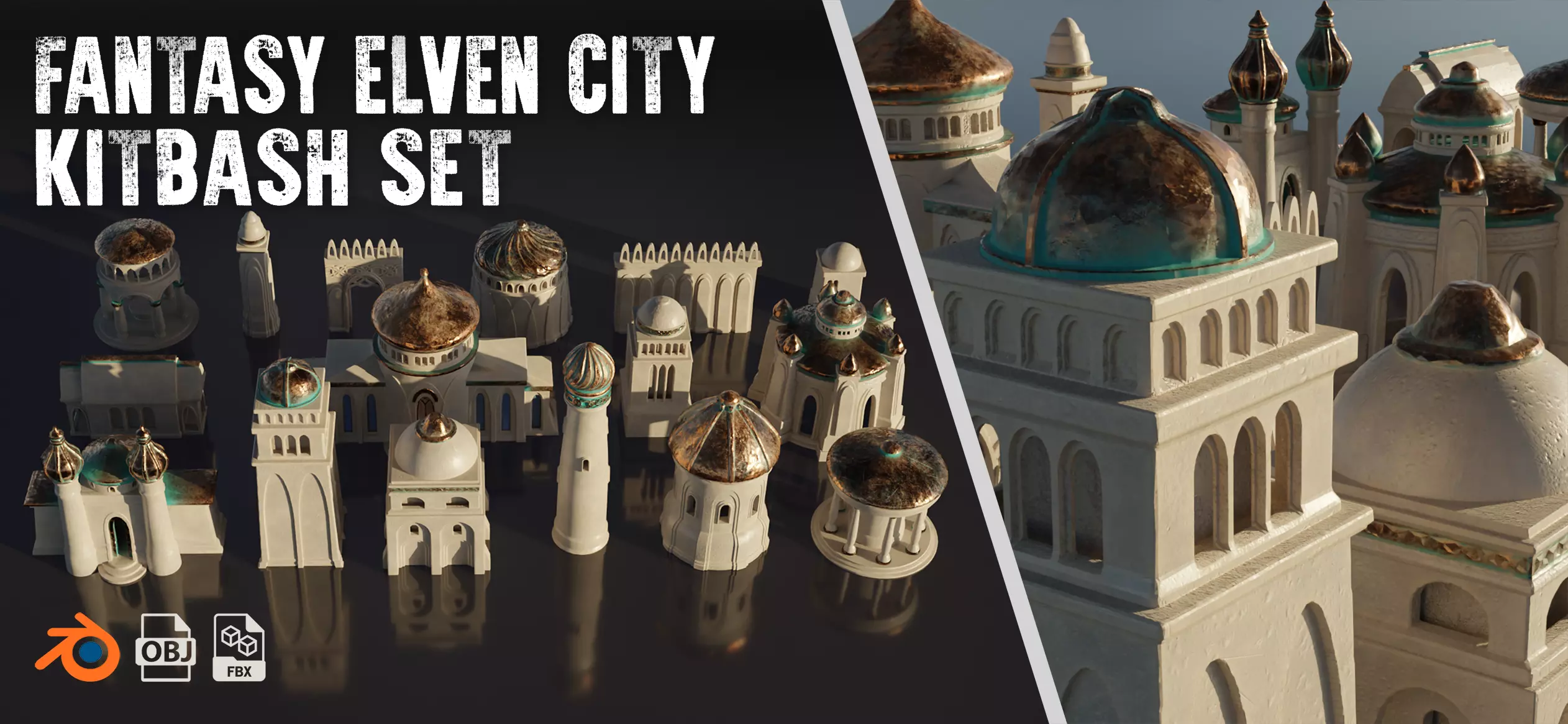 Fantasy Elven City KitBash Set 3D model_0