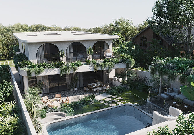 Exterior villa rendering Low-poly 3D model 5
