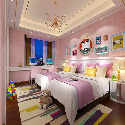 Girls bedroom with two beds in pink color 3D model