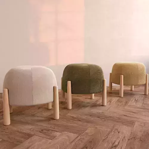 Set of velour poufs on wooden legs
