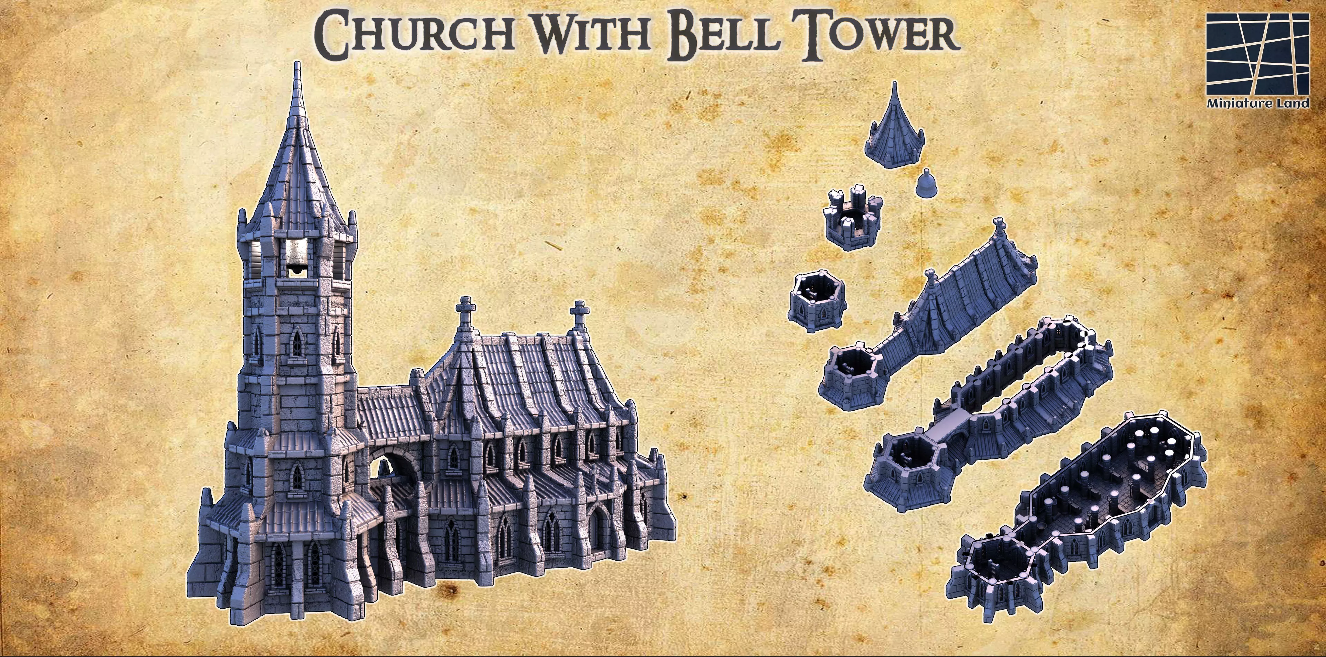 Church with Bell Tower Tabletop Terrain 28MM 3D print model