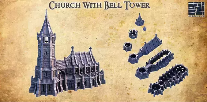 Church with Bell Tower  Tabletop Terrain 28MM 