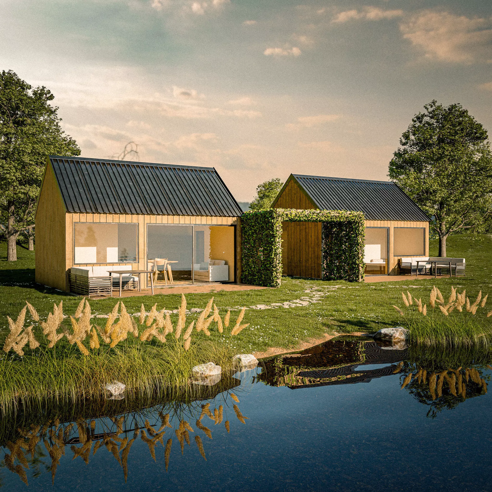 Symmetrical lake apartment units 3D model_0