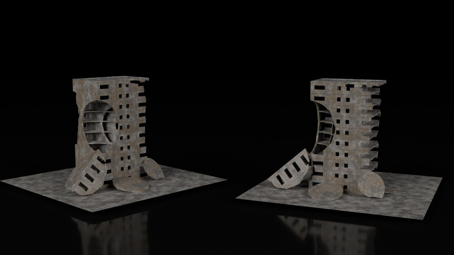 Low Poly Ruined Building - Game Ready - PBR Low-poly 3D model_7