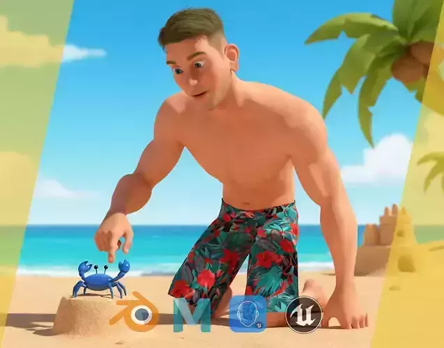 Cartoon young man in Swimming Trunks semi-realistic rendering Low-poly 3D model Cartoon young man in Swimming Trunks semi-realistic rendering Low-poly 3D model